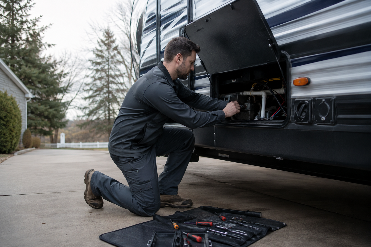 RV Solutions technician servicing a travel trailer in a driveway