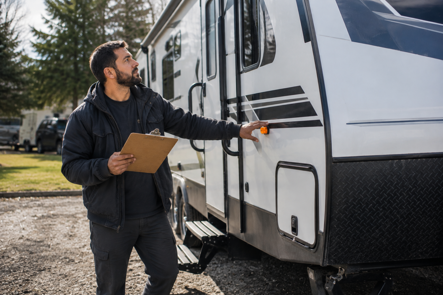 Technician doing an RV exterior inspection with a clipboard
