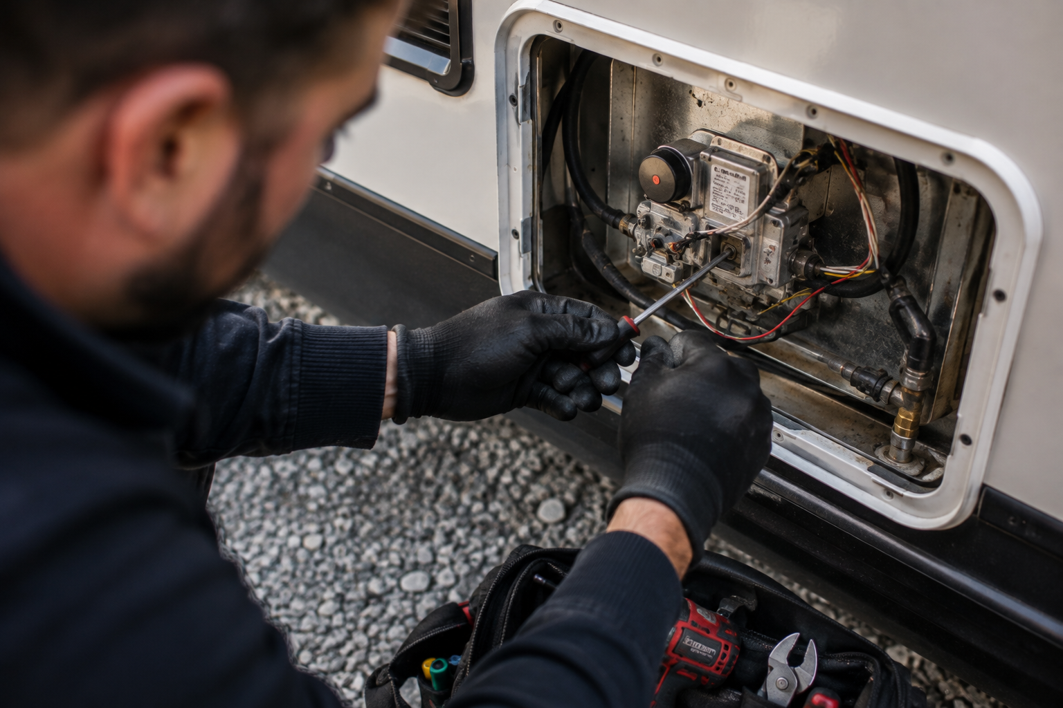 Technician repairing an RV water heater module