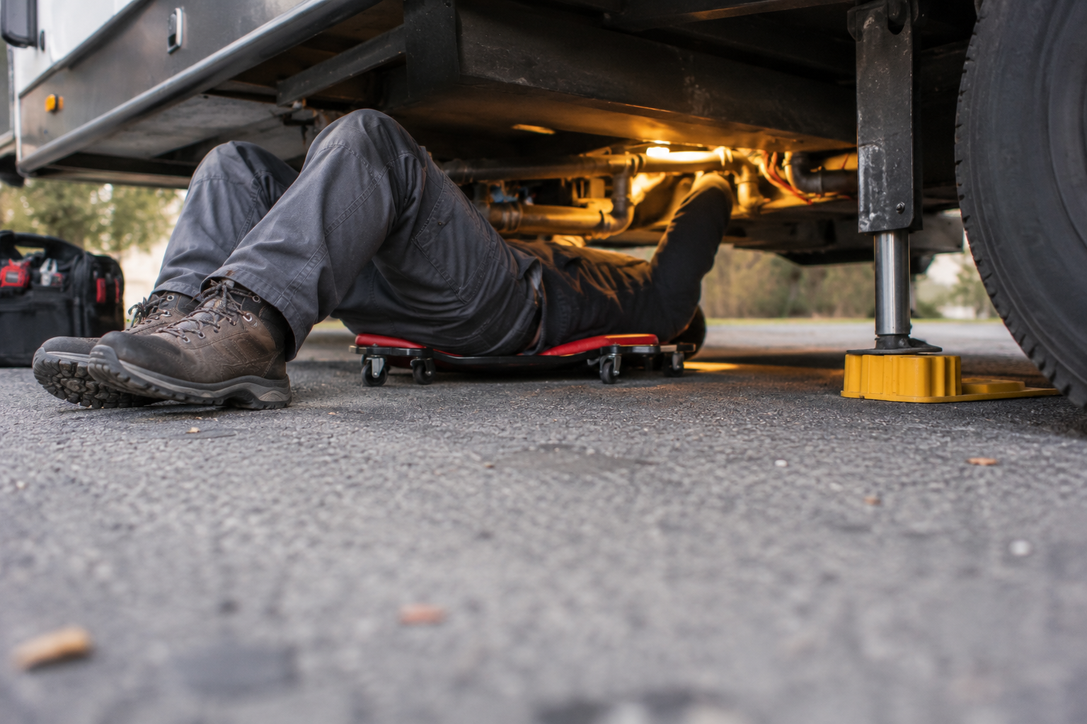 Technician performing an undercarriage inspection beneath an RV
