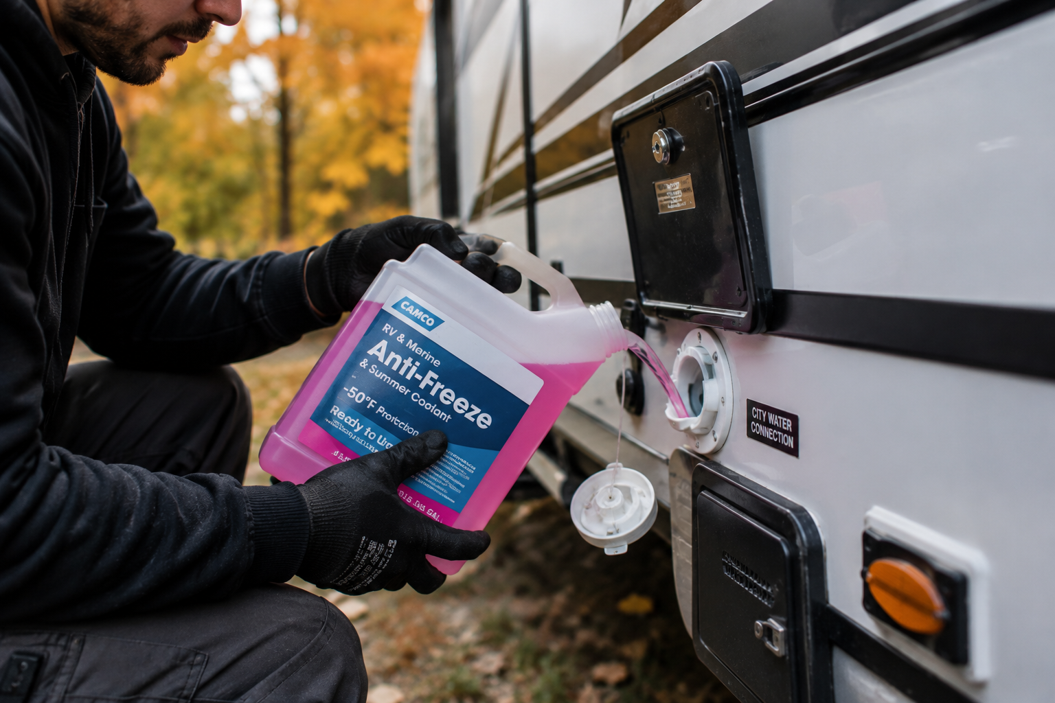 Technician pouring RV antifreeze during a winterize service